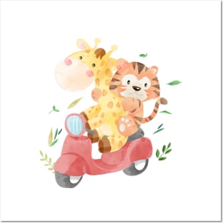 cute animal friends riding scooter Posters and Art